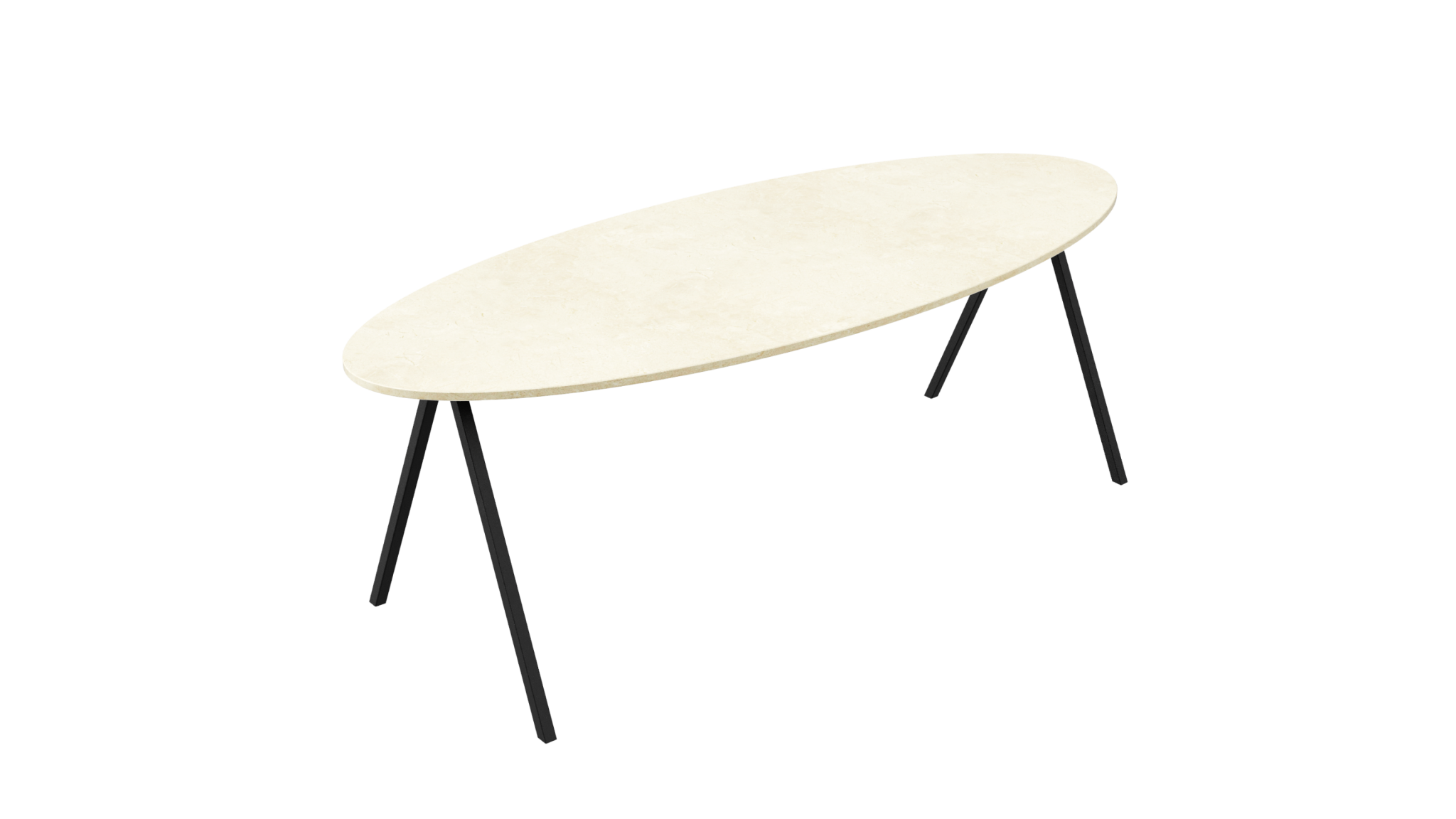 Oval marble dining table with Crema Marfil beige marble top and V-frame base, glossy finish, ideal for modern dining rooms.