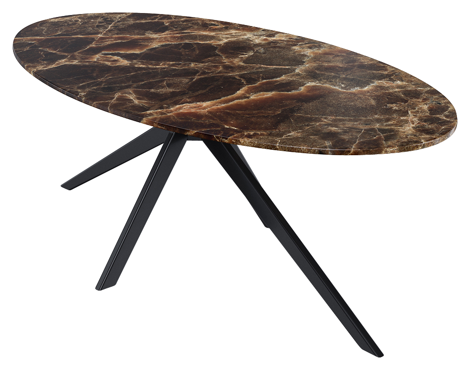 Dark Emperador brown oval marble dining table with arch metal frame, glossy finish, sturdy design for elegant dining spaces.