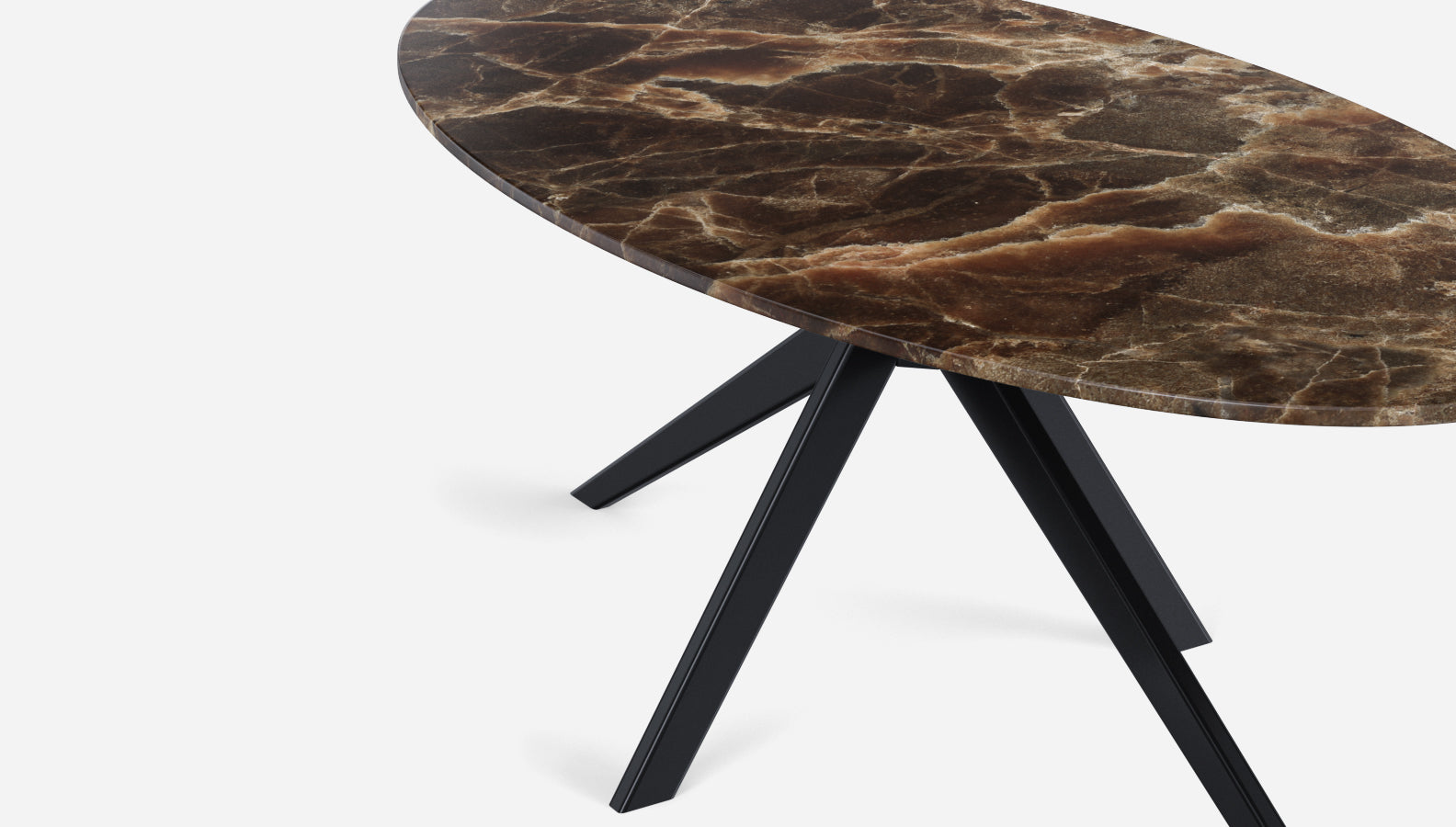 Dark Emperador brown oval marble dining table with arch metal frame, glossy finish, ideal for modern dining rooms.
