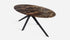 Dark Emperador brown oval marble dining table with arch metal frame, glossy finish, and elegant design.