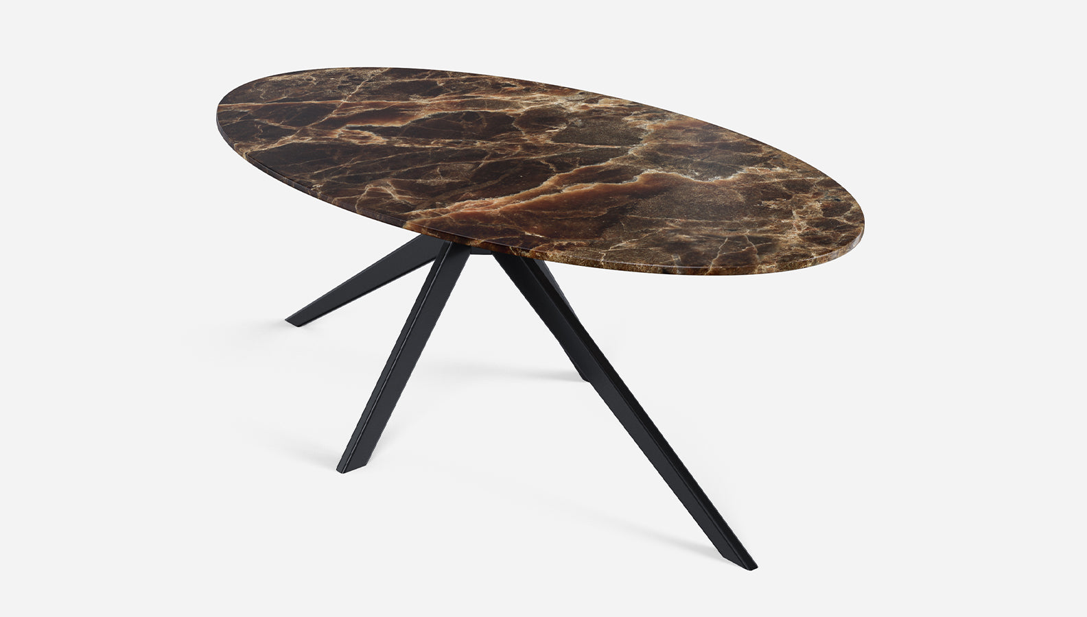 Dark Emperador brown oval marble dining table with arch metal frame, glossy finish, and elegant design.
