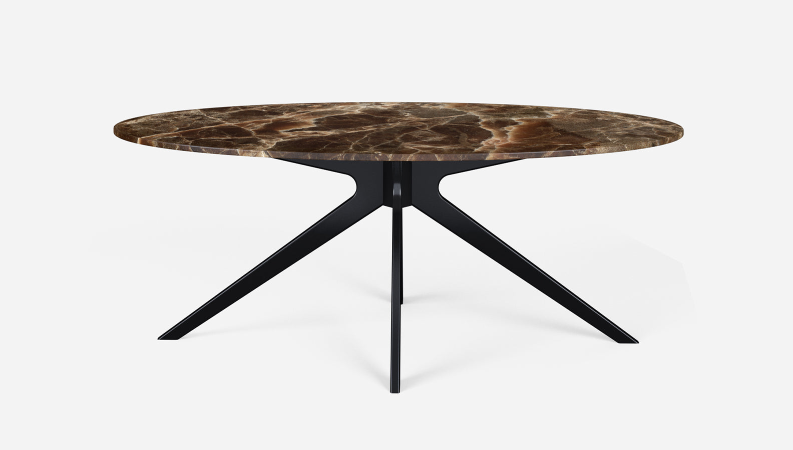 Dark Emperador brown oval marble dining table with arch frame, glossy finish, from My Store.