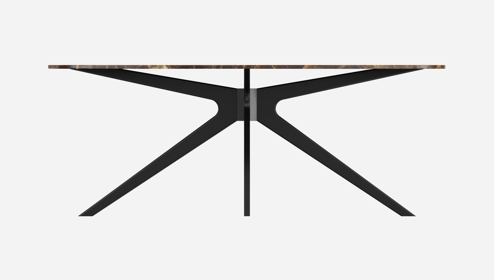 Dark Emperador brown oval marble dining table with arch metal frame, glossy finish, from My Store.