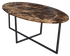 Oval marble dining table with dark Emperador brown surface and cross-frame base, glossy finish, 160 x 90 cm.