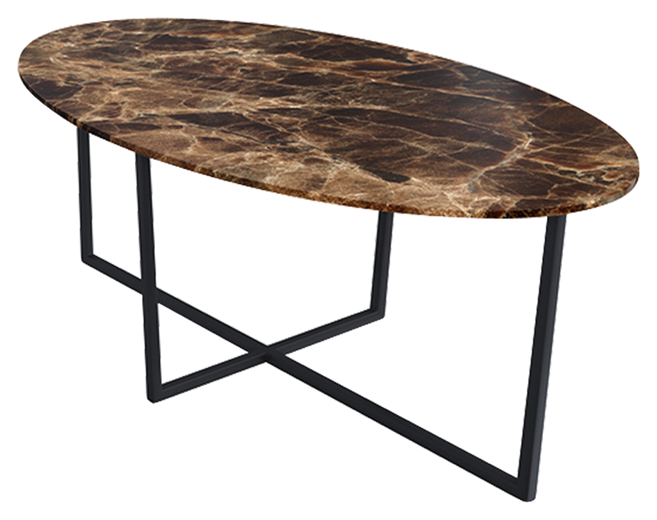 Oval marble dining table with dark Emperador brown surface and cross-frame base, glossy finish, 160 x 90 cm.
