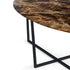 Dark Emperador brown oval marble dining table with cross-frame base, glossy finish, and elegant design for modern dining rooms.