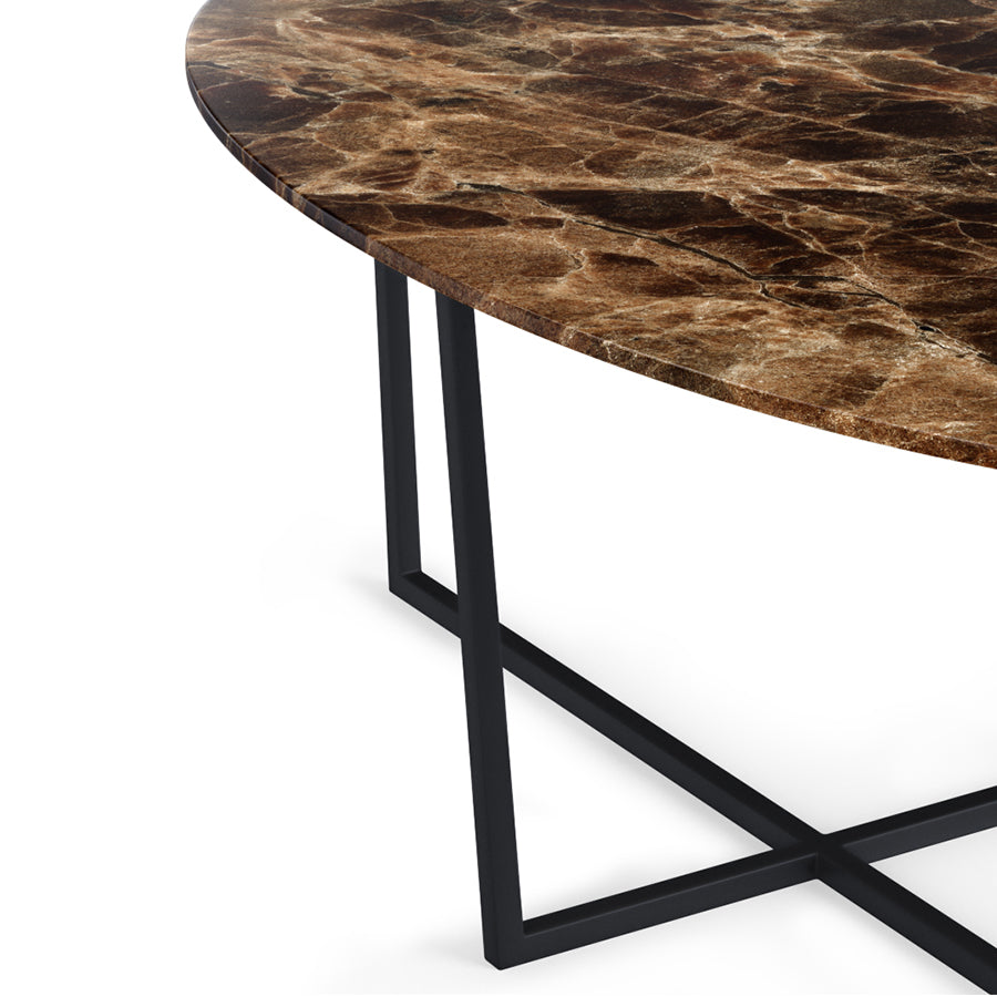 Dark Emperador brown oval marble dining table with cross-frame base, glossy finish, and elegant design for modern dining rooms.