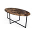 Oval marble dining table with dark Emperador brown finish and cross-frame base, glossy surface, modern design.