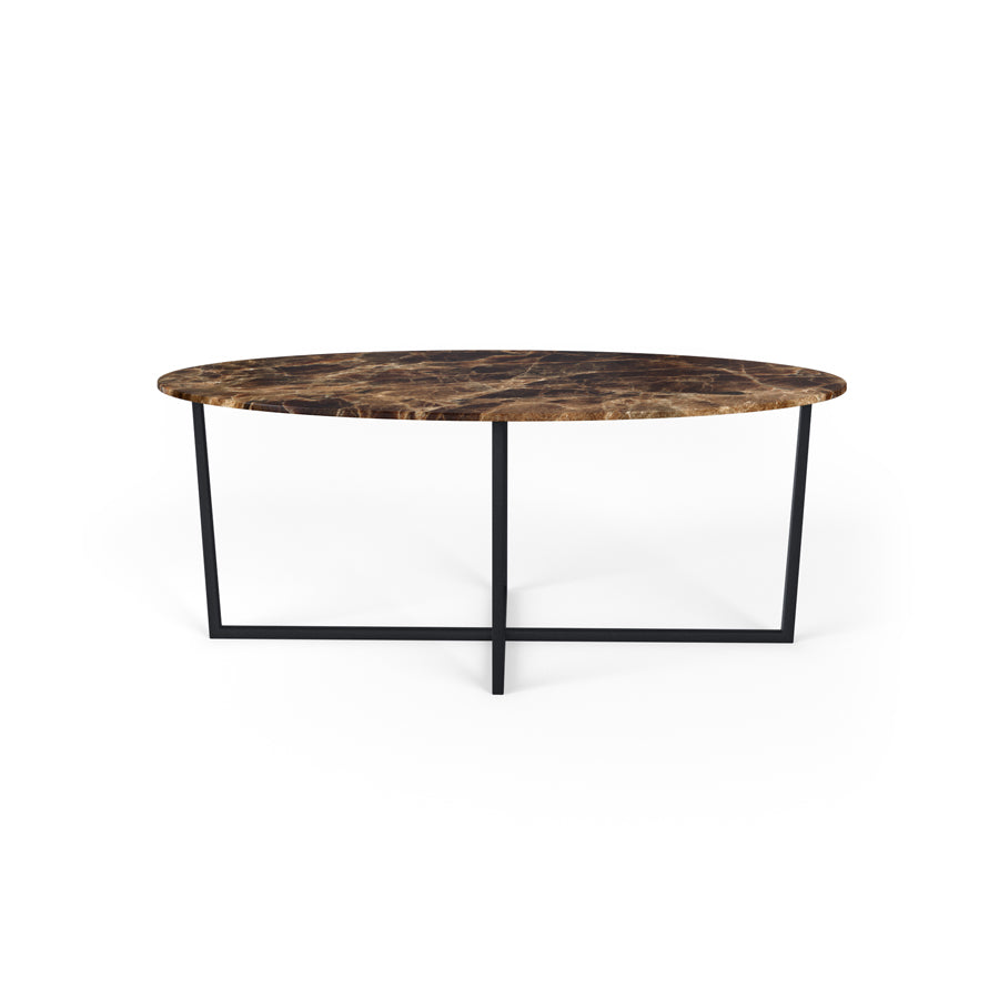 Dark Emperador brown oval marble dining table with a cross-frame base, glossy finish, ideal for modern dining spaces.