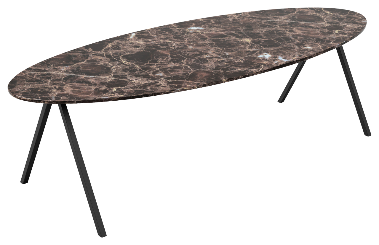 Dark Emperador brown oval marble dining table with V-frame base, glossy finish, ideal for modern dining rooms.