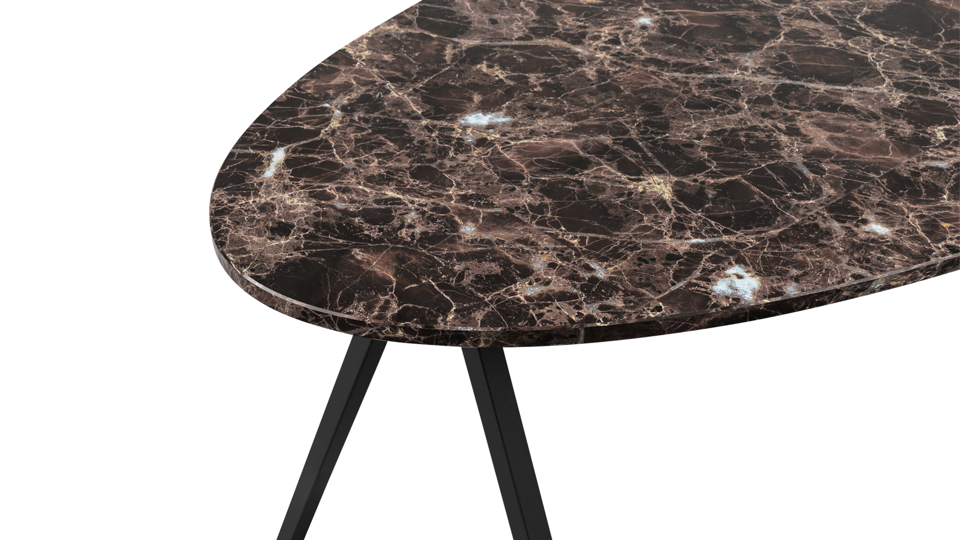 Dark Emperador brown oval marble dining table with V-frame base, glossy finish, 160x90 cm, by My Store.