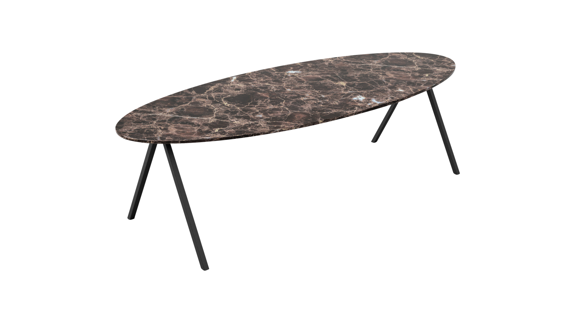 Dark Emperador brown oval marble dining table with glossy finish and V-frame base, perfect for elegant dining rooms.