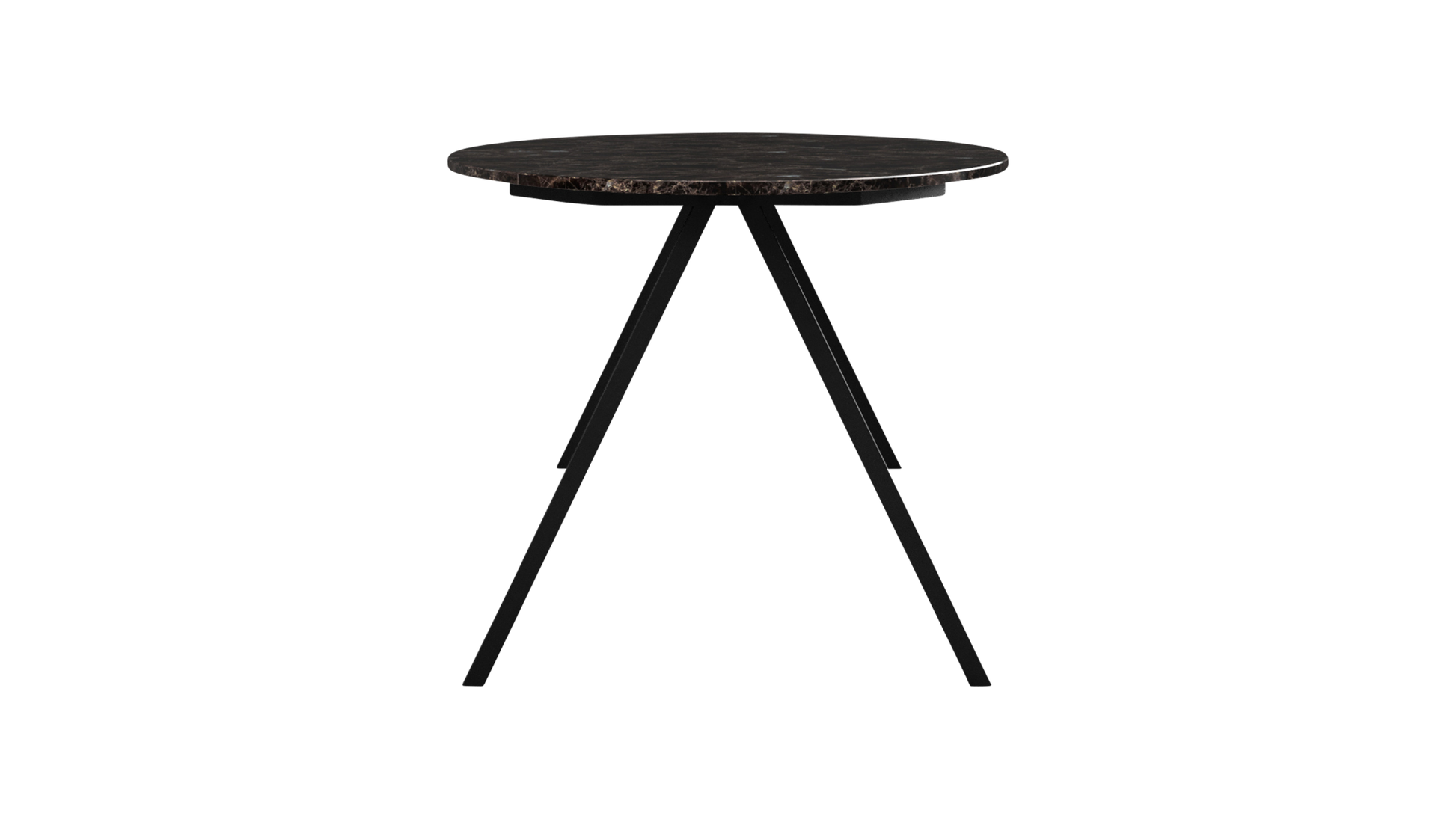 Oval marble dining table with dark Emperador brown finish and V-frame base, glossy surface, ideal for modern dining rooms.
