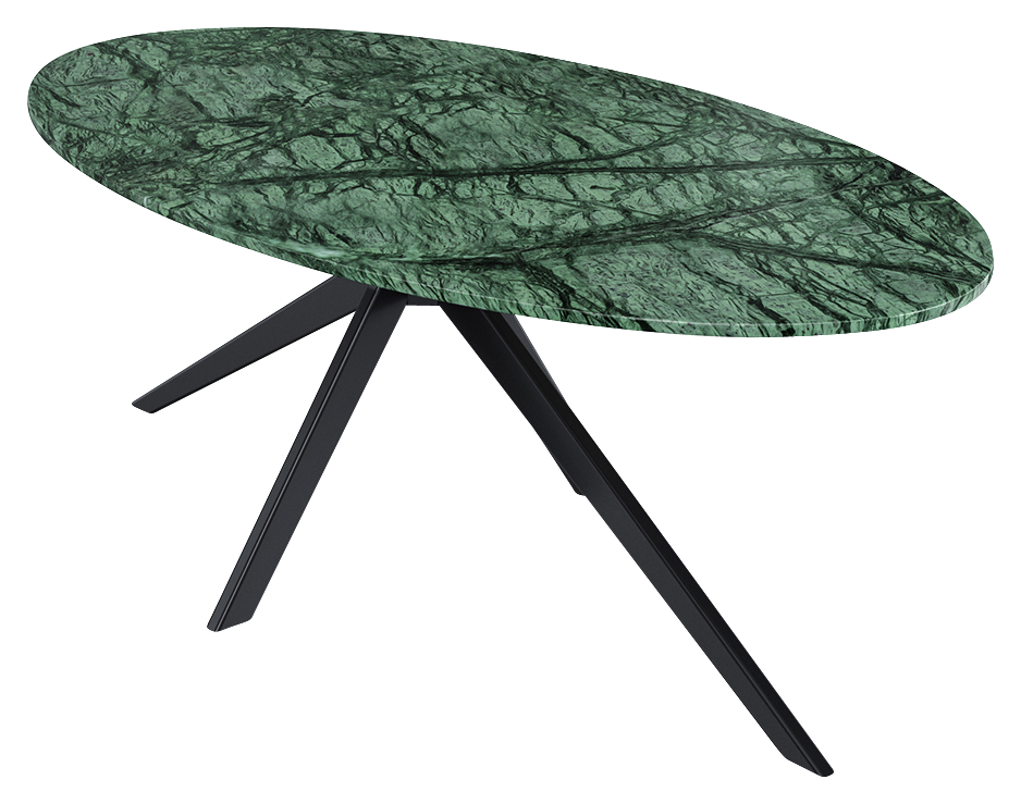 Oval marble dining table with India Green marble top and arch-style base, glossy finish, modern design for dining room.