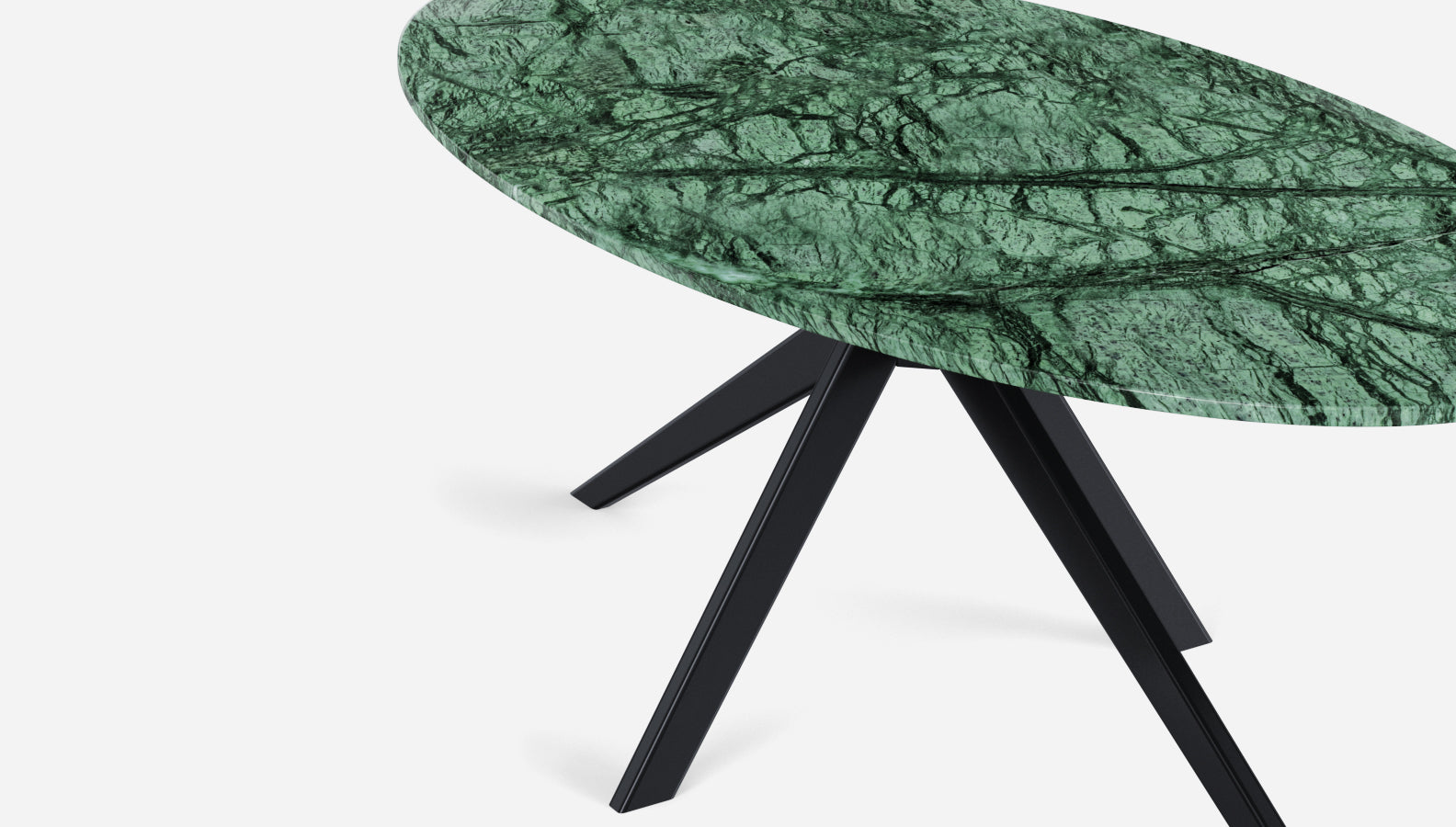 Oval marble dining table with India Green marble top and arch metal frame, glossy finish, modern design for dining room.