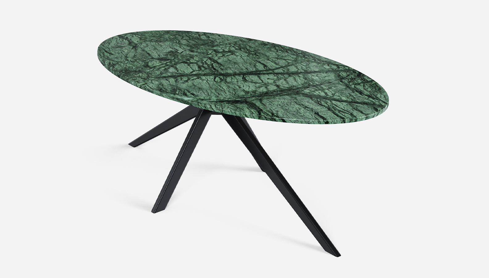 Glossy oval marble dining table with India Green marble top and arch-style legs, perfect for modern dining spaces.