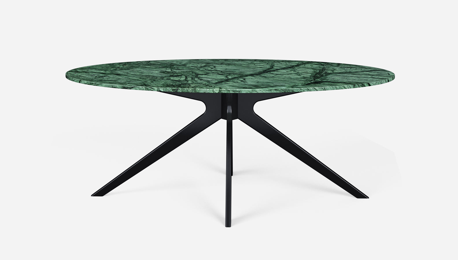 Glossy oval marble dining table with India Green marble top and arch-shaped legs, showcasing a stylish modern design.