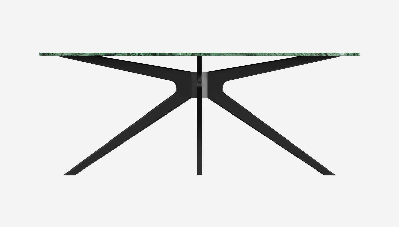 Glossy oval marble dining table in India Green with arch-frame design, showcasing a sleek and elegant surface.