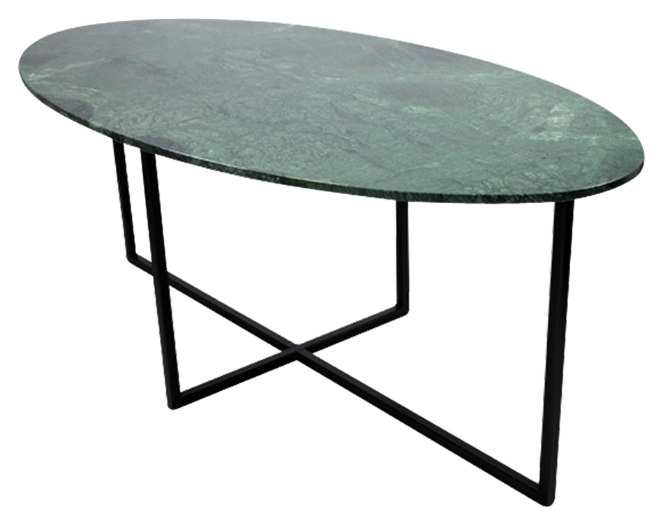 Oval marble dining table with India Green marble top and cross-frame base, glossy finish, suitable for modern dining rooms.