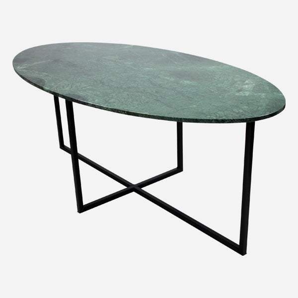 Oval India Green marble dining table with a glossy finish and cross-frame design, perfect for modern dining spaces.