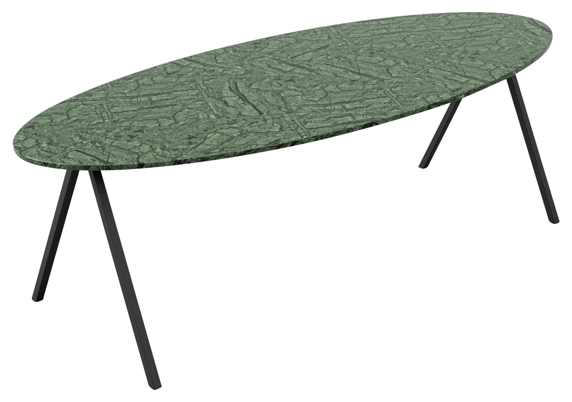 Glossy oval marble dining table in India Green with V-frame legs, perfect for elegant dining spaces.