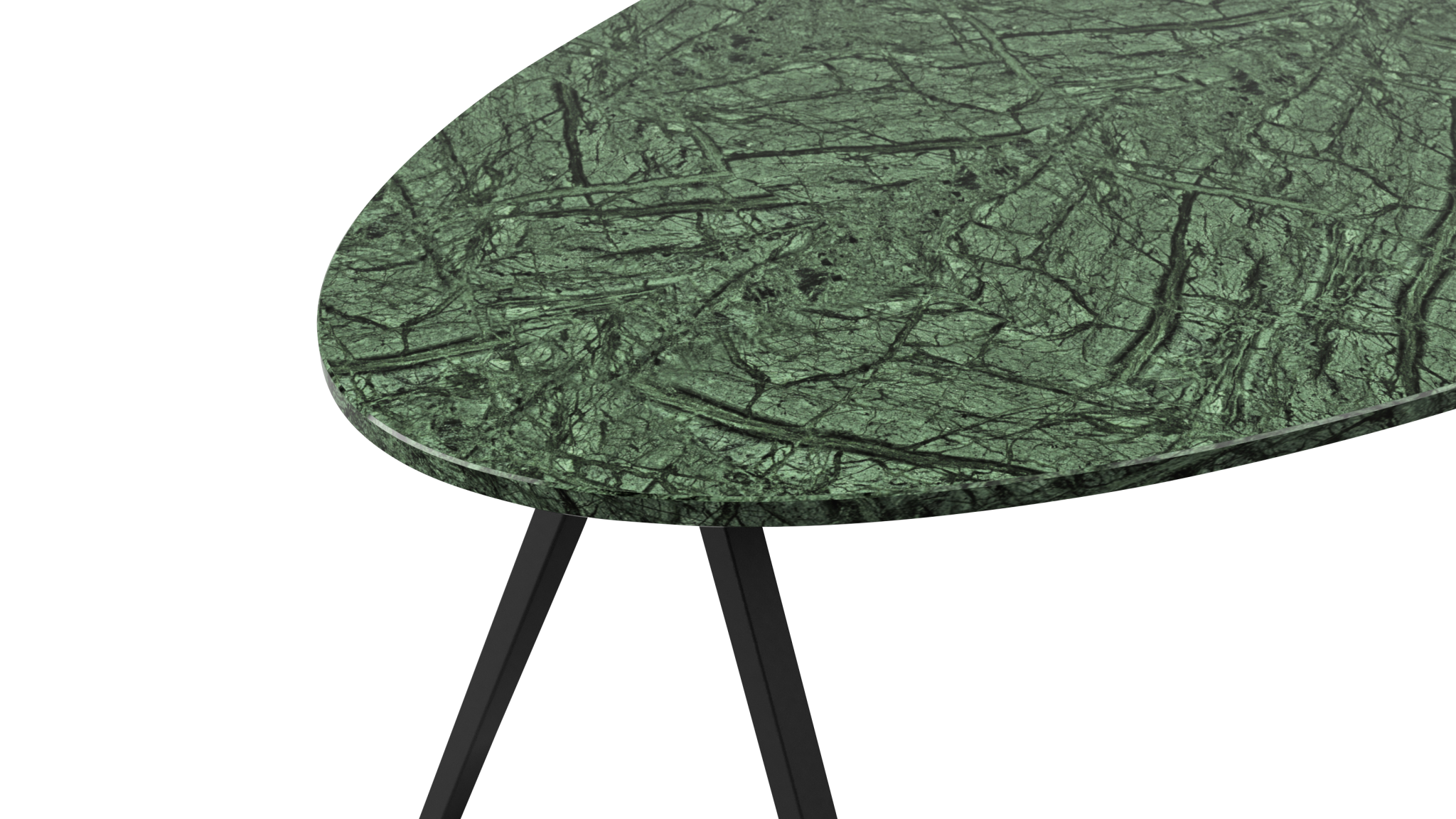 Glossy oval marble dining table in India Green with V-frame base, perfect for modern dining rooms.