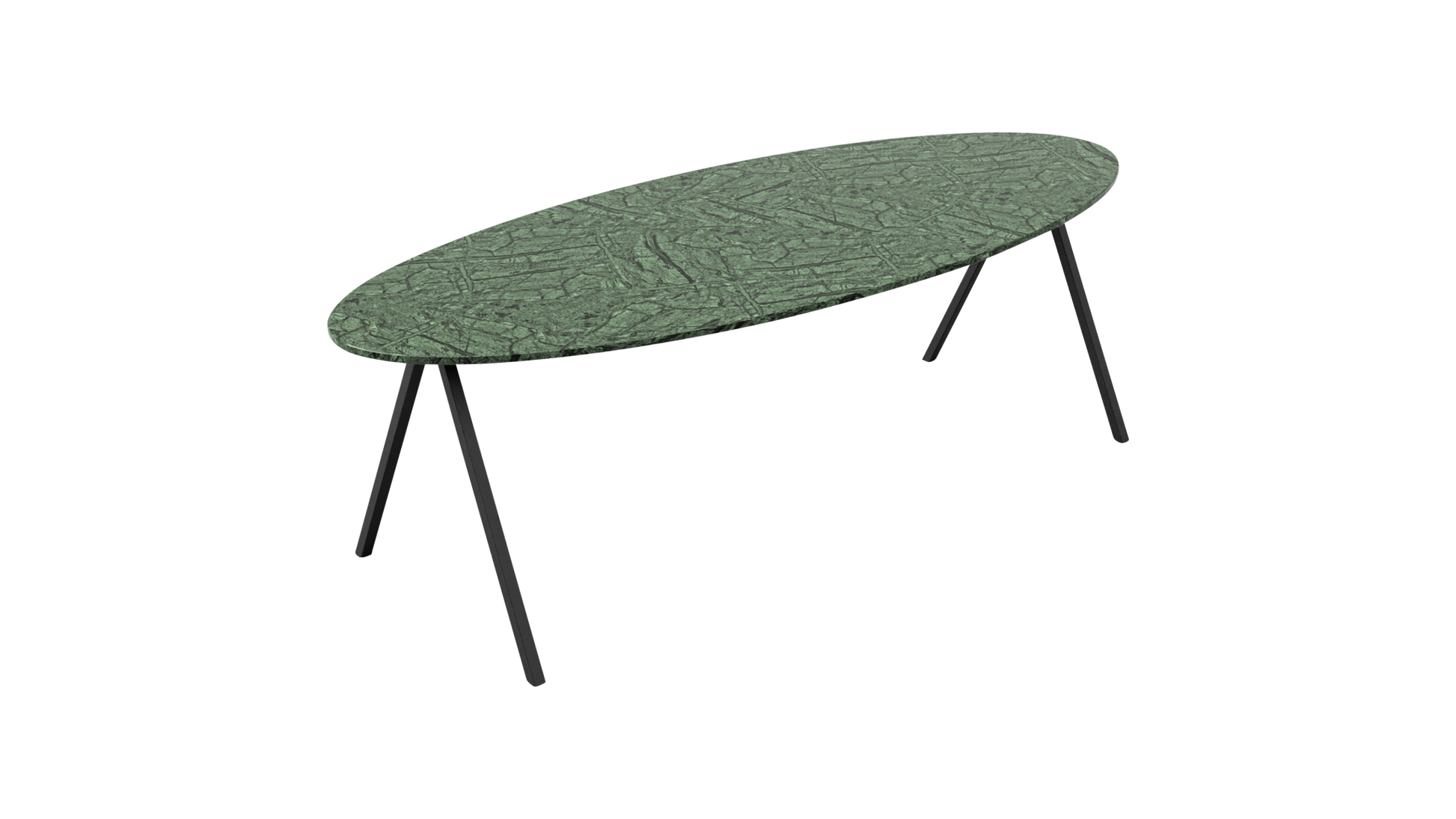 Glossy oval marble dining table in India Green with V-frame base, showcasing a smooth surface and modern design.