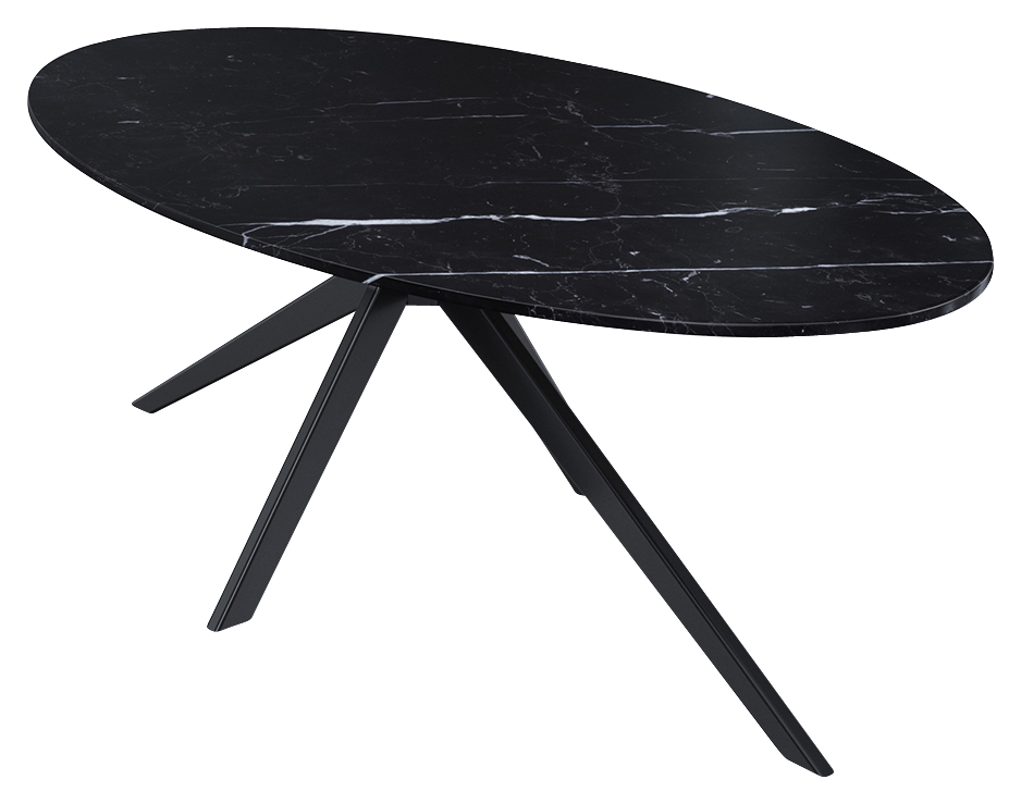 Glossy oval Nero Marquina marble dining table with arch metal frame, 160x90 cm, modern black marble dining table design