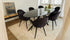 Black Nero Marquina marble oval dining table with an arch metal frame, glossy finish, ideal for modern dining spaces.