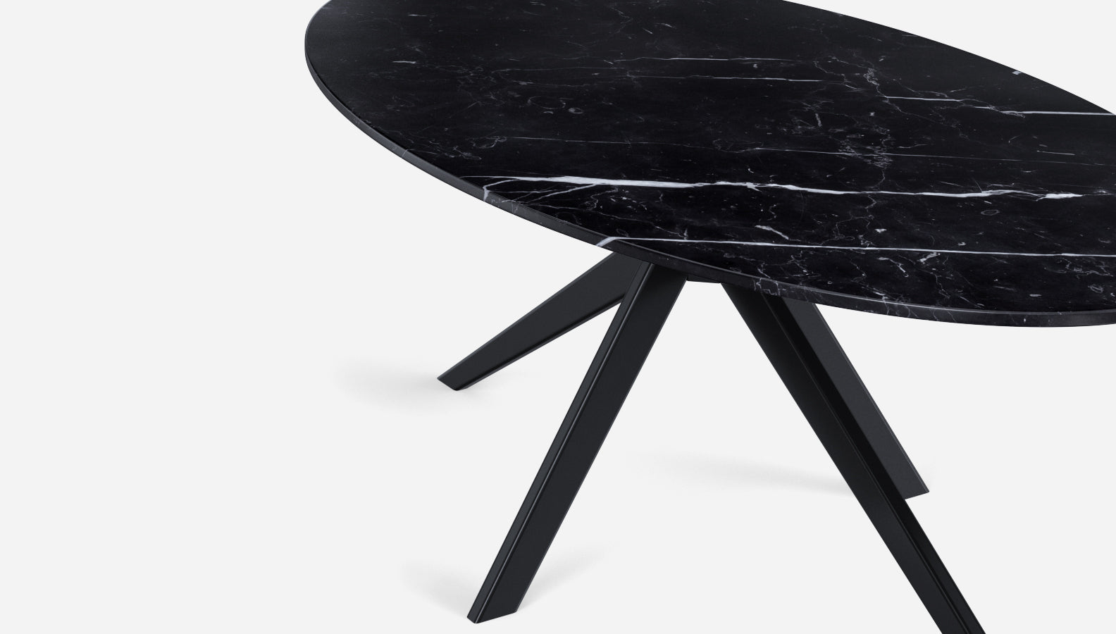Glossy black Nero Marquina marble oval dining table with arch metal frame, ideal for modern dining rooms.