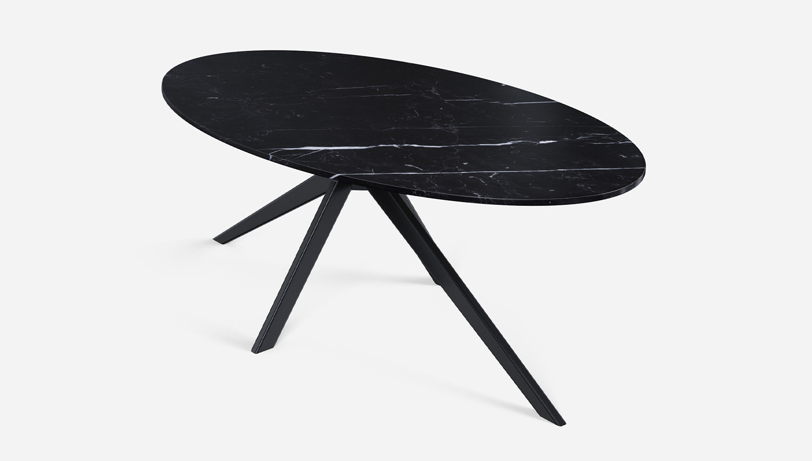 Glossy Nero Marquina black oval marble dining table with arch-shaped base, ideal for modern dining rooms.