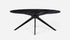 Glossy oval Nero Marquina marble dining table with black arch-frame, modern design, ideal for contemporary dining spaces.