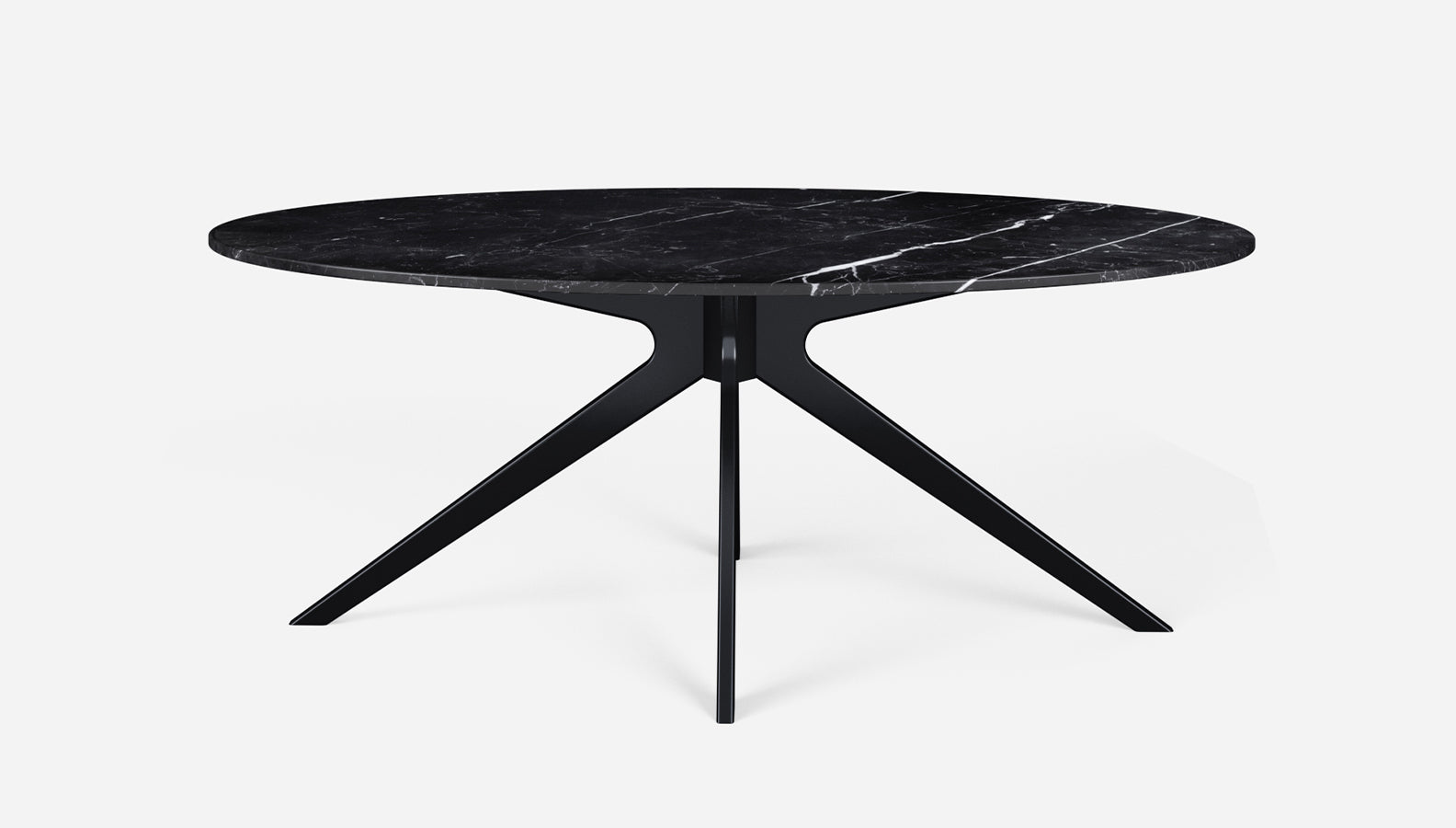 Glossy oval Nero Marquina marble dining table with black arch-frame, modern design, ideal for contemporary dining spaces.