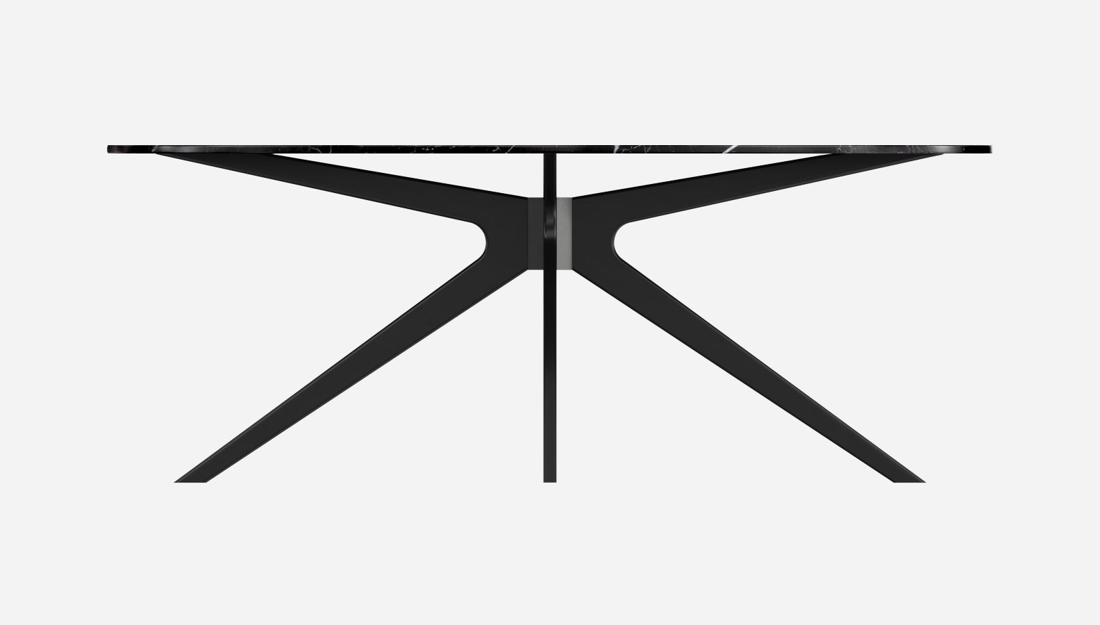 Glossy Nero Marquina black oval marble dining table with arch metal frame, featuring a sleek, modern design perfect for dining spaces.