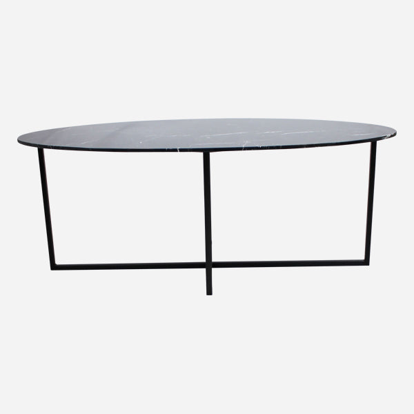 Glossy black Nero Marquina marble oval dining table with cross-frame design, perfect for modern dining spaces.