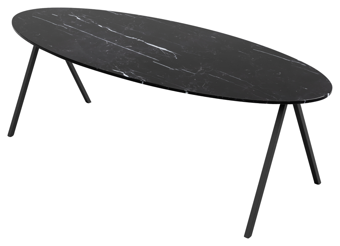 Glossy oval Nero Marquina marble dining table with V-frame base, 160x90 cm, modern black marble table for dining room.
