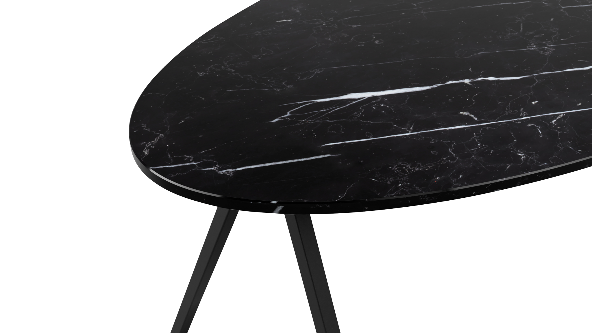 Glossy oval Nero Marquina black marble dining table with V-frame from My Store, measuring 160 x 90 cm.
