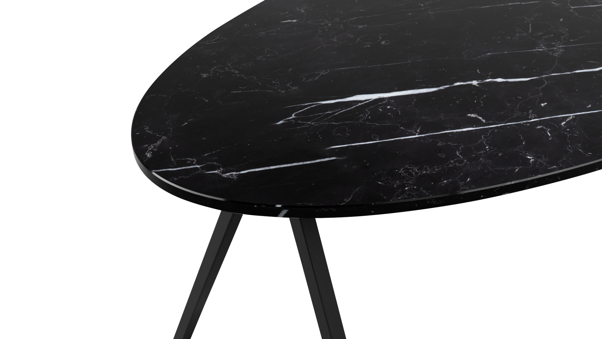 Glossy oval Nero Marquina black marble dining table with V-frame from My Store, measuring 160 x 90 cm.