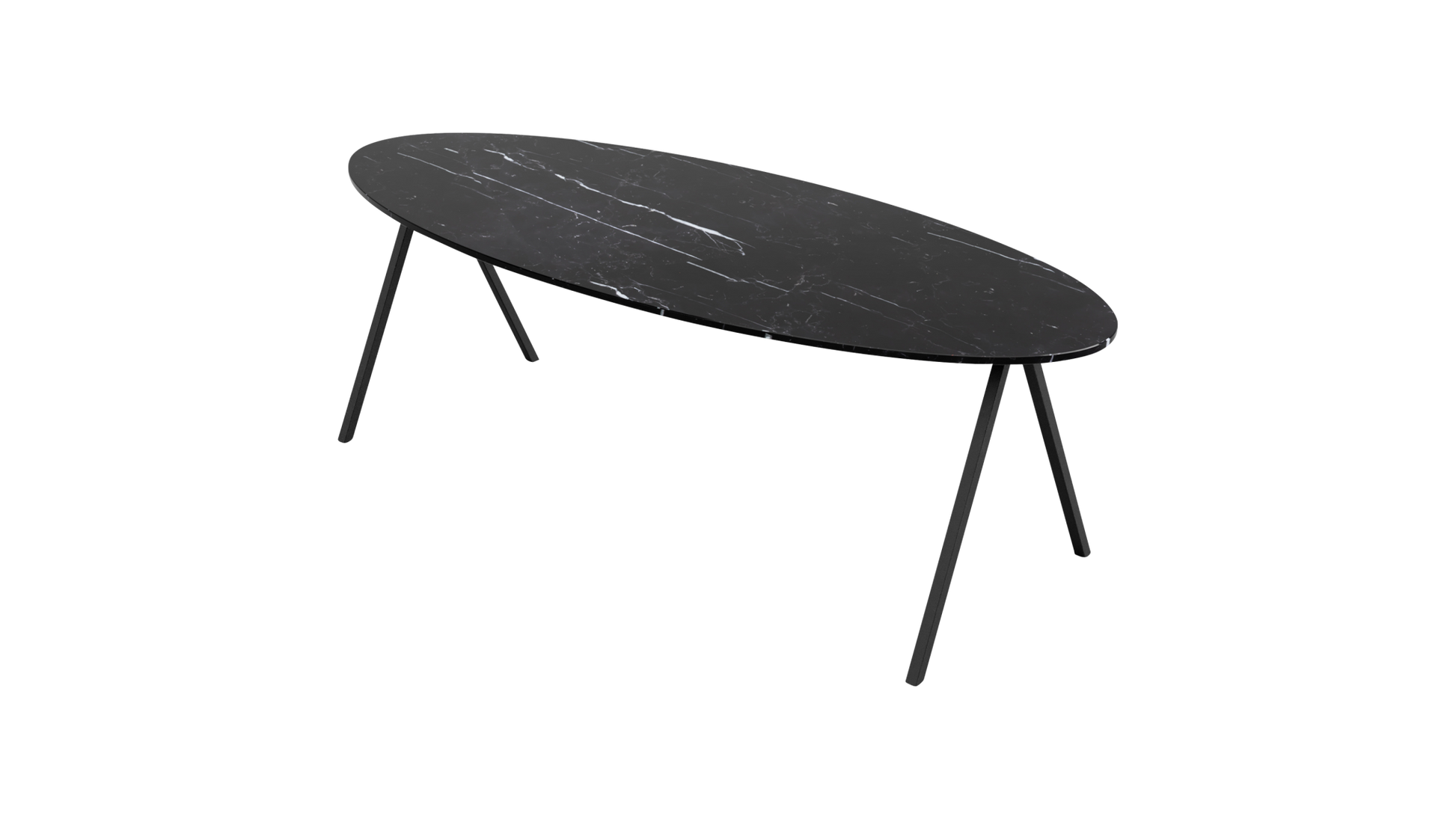 Glossy oval marble dining table with Nero Marquina black marble top and V-frame base, ideal for modern dining rooms.