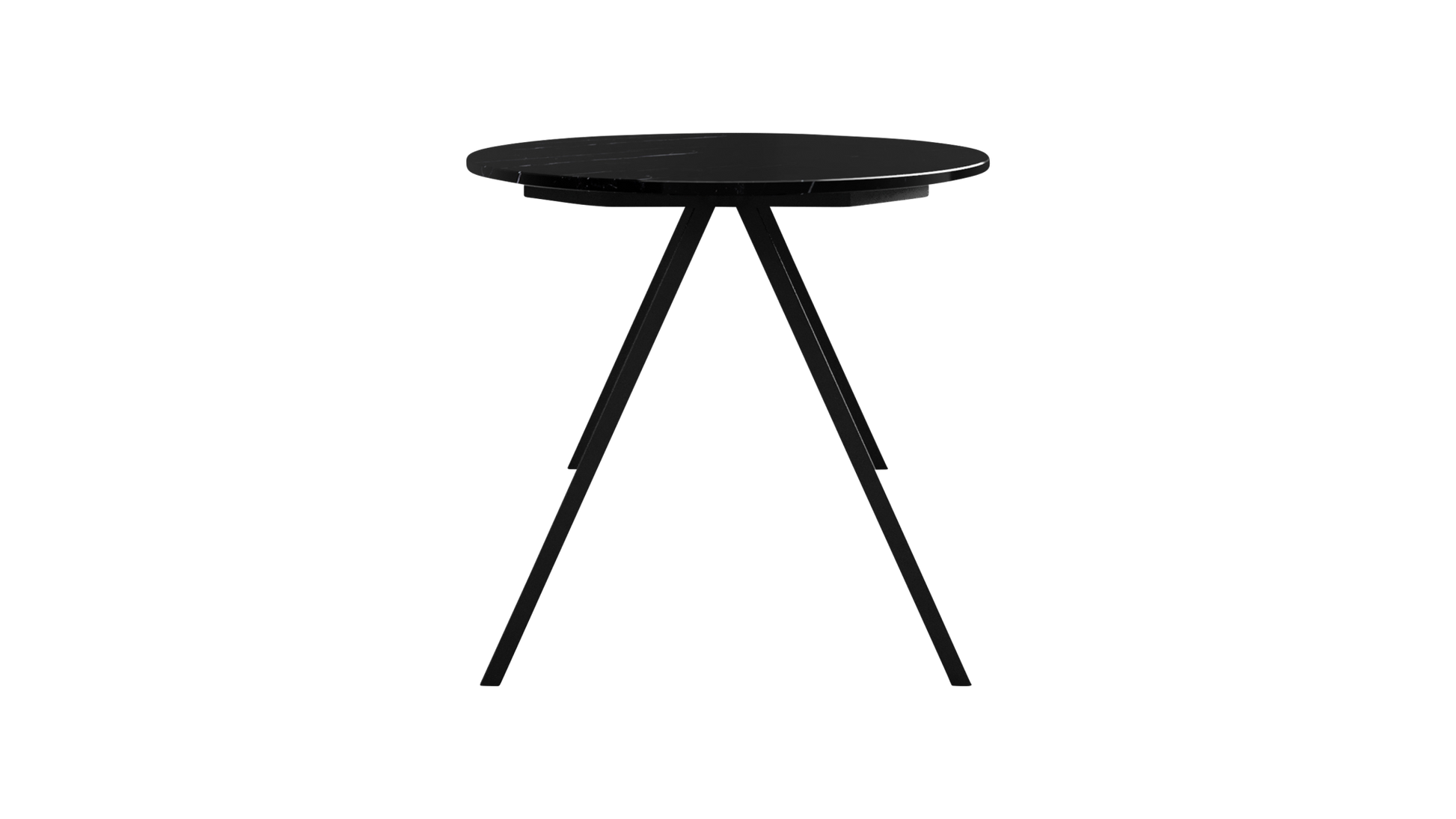 Glossy oval Nero Marquina black marble dining table with V-frame base, perfect for modern dining rooms.