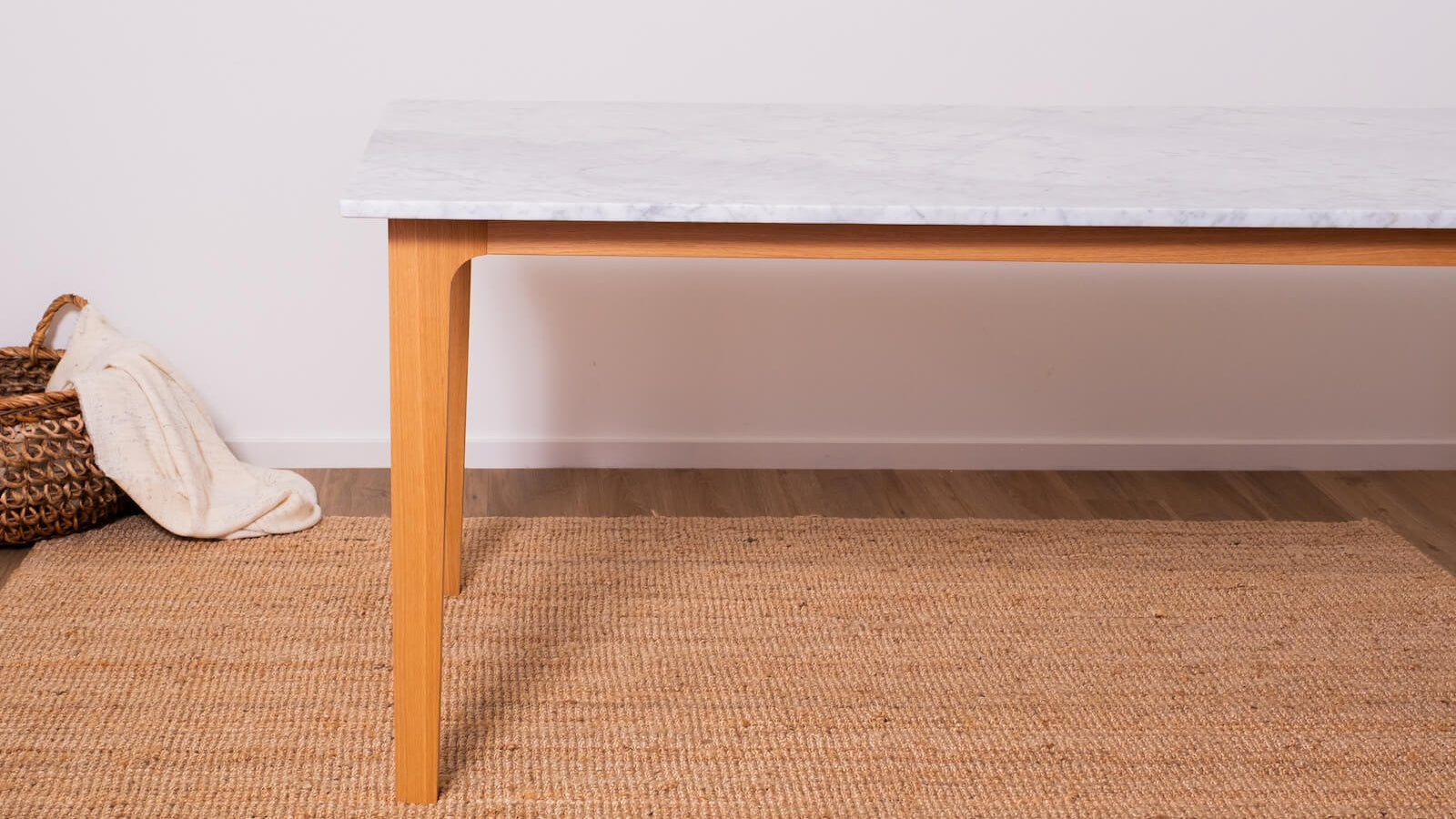 Glossy rectangular marble dining table with Bianco Carrara white marble top and wooden frame, ideal for modern dining rooms.