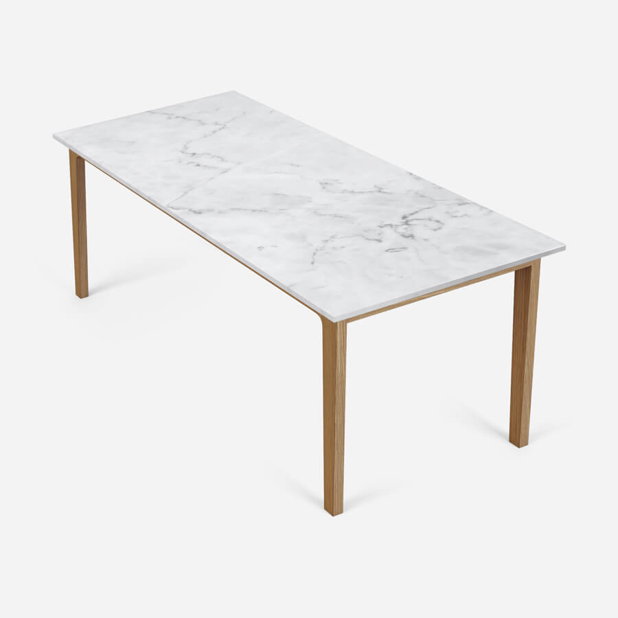 Rectangular marble dining table with Bianco Carrara white marble top and wooden frame, glossy finish, dimensions 160x90 cm.