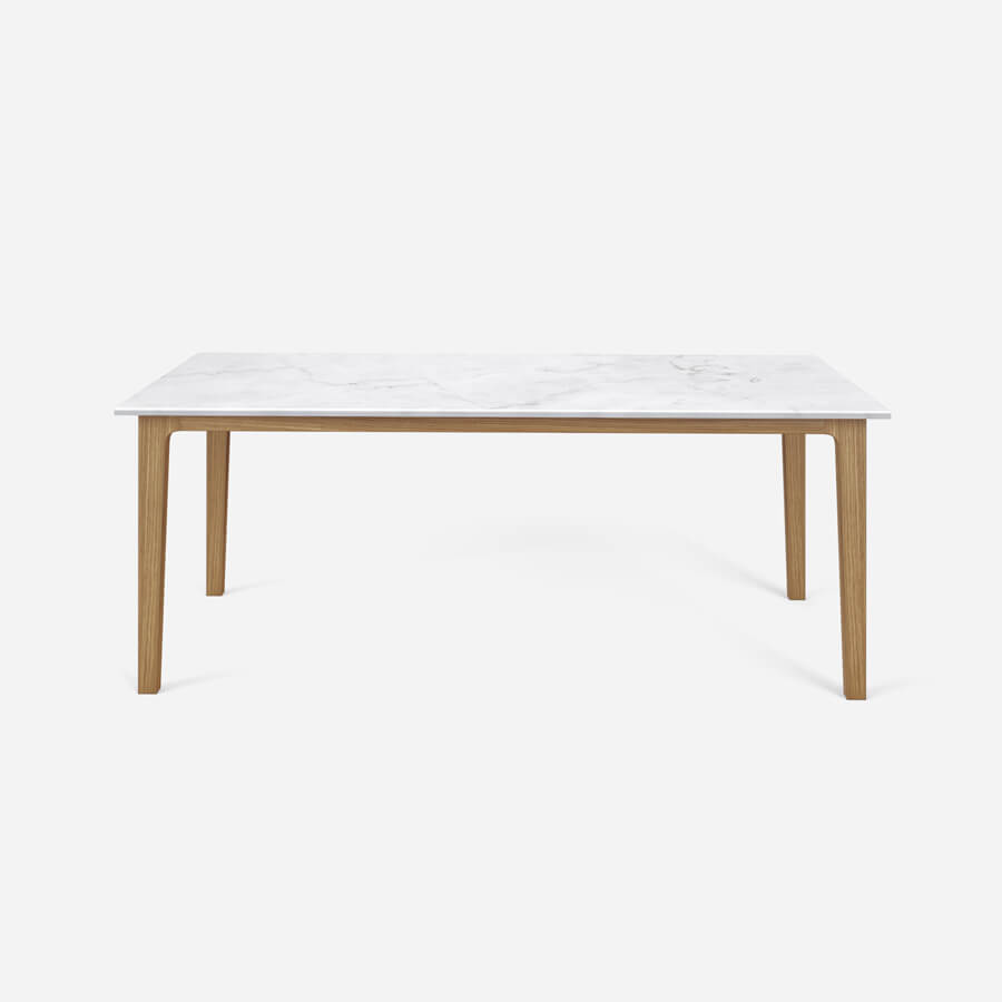 Rectangular Bianco Carrara white marble dining table with a wooden frame, glossy finish, 160x90 cm, from My Store.