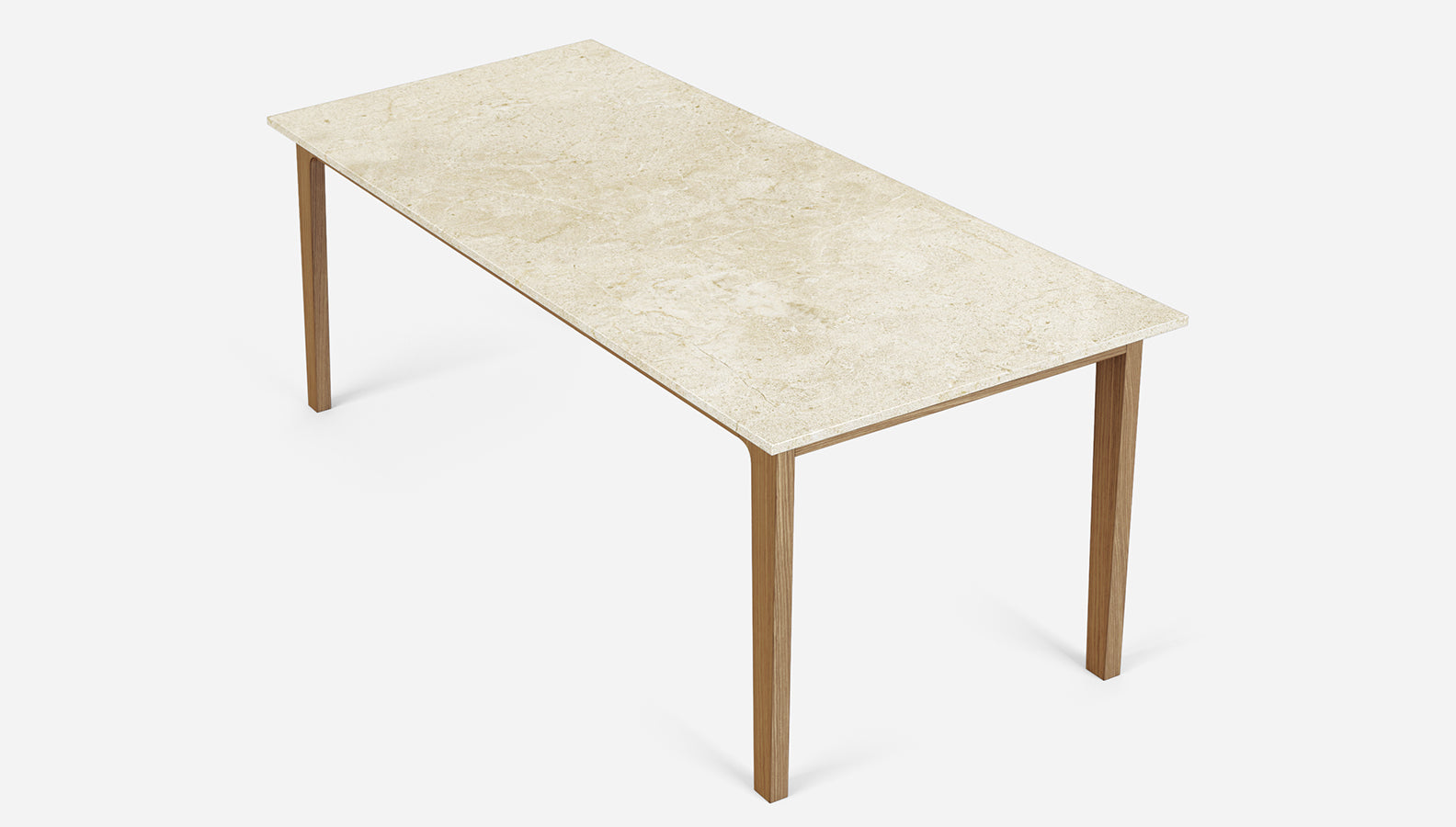 Rectangular marble dining table with Crema Marfil beige marble top and wooden frame, 160x90 cm, glossy finish.