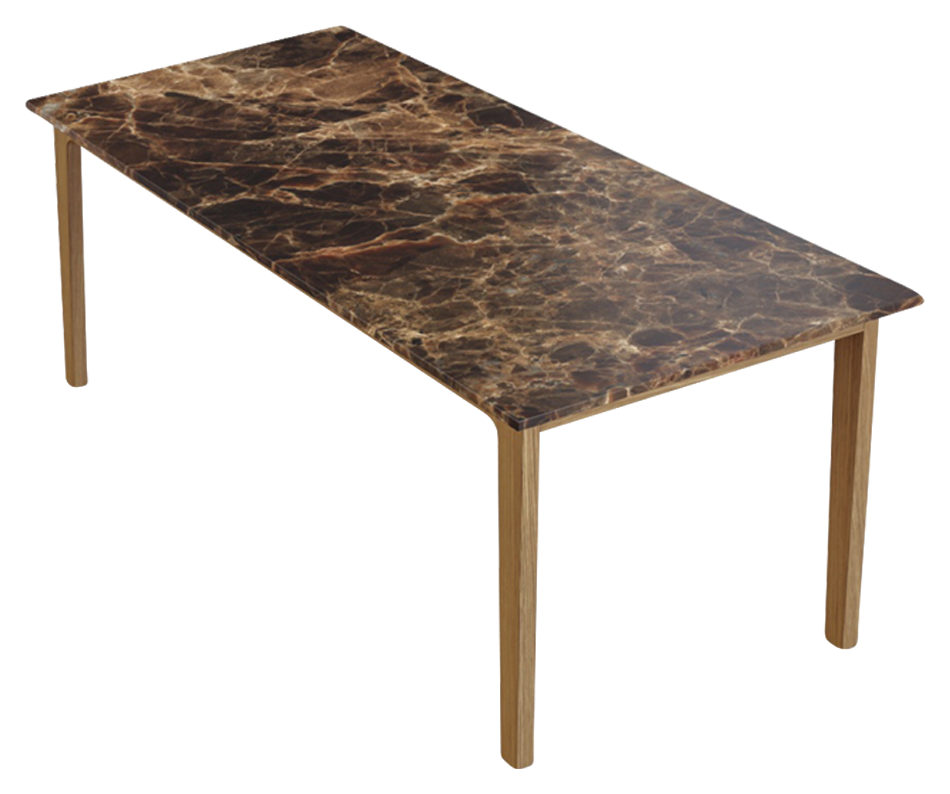 Rectangular marble dining table with dark Emperador brown surface and wooden frame, ideal for modern dining rooms.