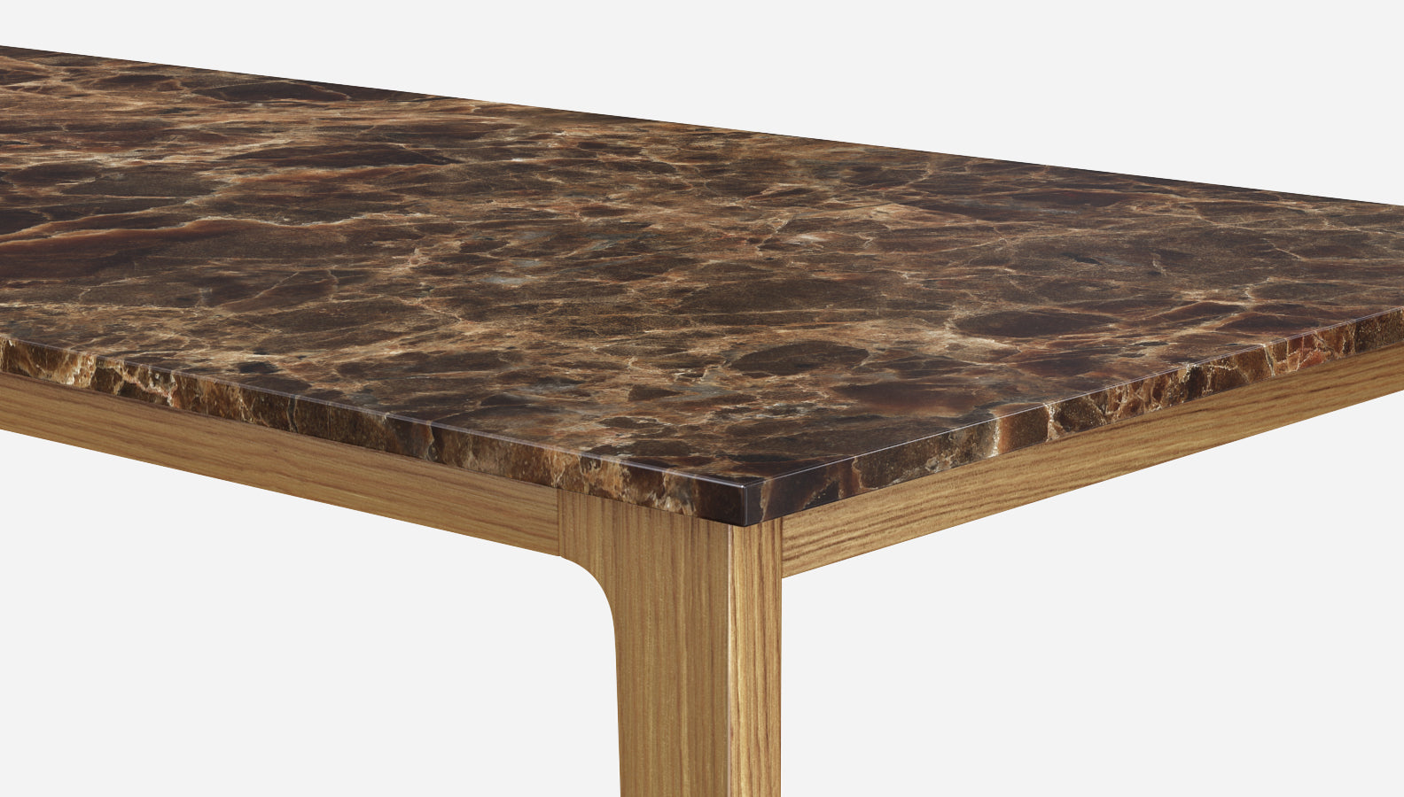 Dark Emperador brown rectangular marble dining table with a wooden frame, glossy finish, and modern design.