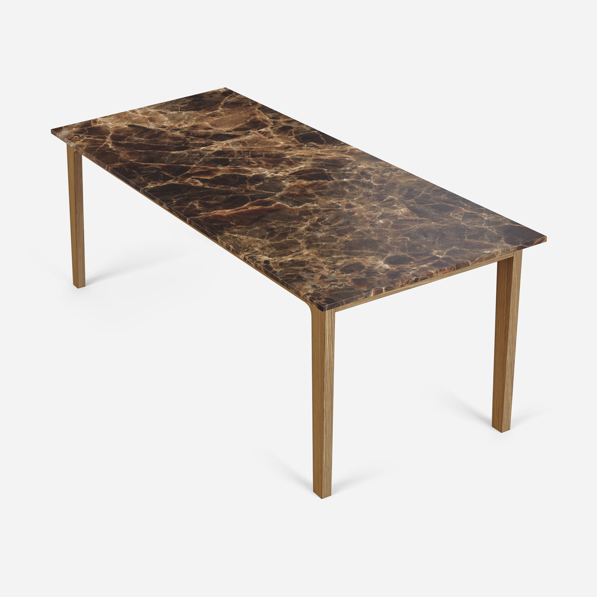 Dark Emperador brown marble rectangular dining table with wooden frame, glossy finish, perfect for modern dining rooms.