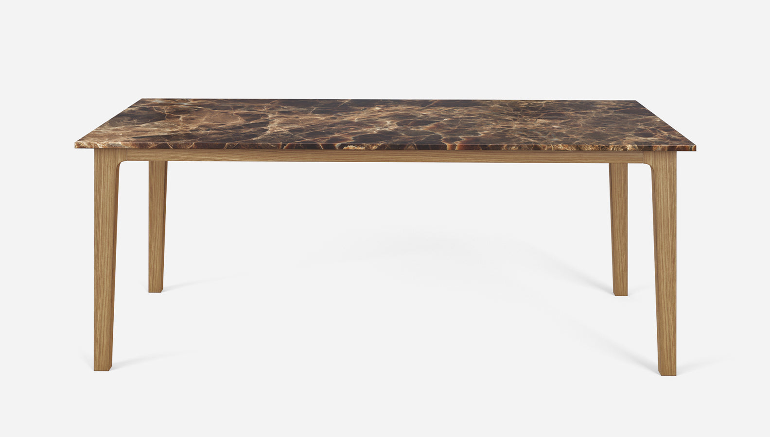 Dark Emperador brown rectangular marble dining table with wooden frame, glossy finish, ideal for modern dining rooms.