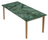 Glossy rectangular marble dining table with India Green marble top and wooden frame for elegant dining room decor.