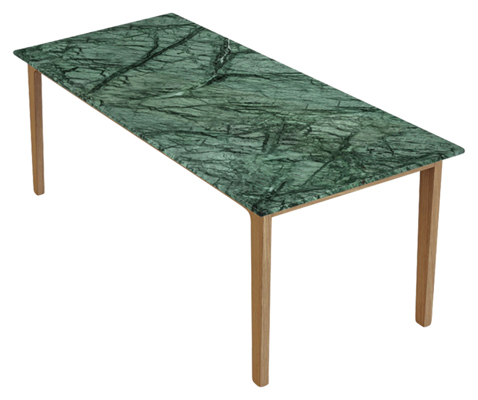 Glossy rectangular marble dining table with India Green marble top and wooden frame for elegant dining room decor.